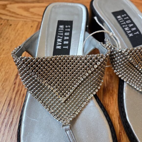 Vintage NWOB Stuart Weitzman Silver Metal Beads and Rhinestones Thong Sandals - Picture 2 of 8